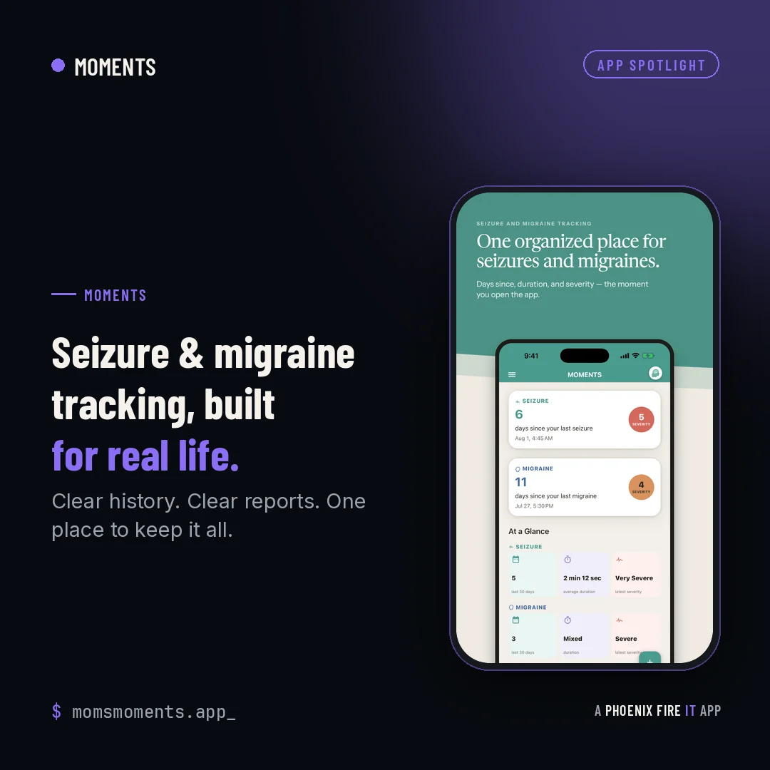 MOMENTS app spotlight showing seizure and migraine tracking