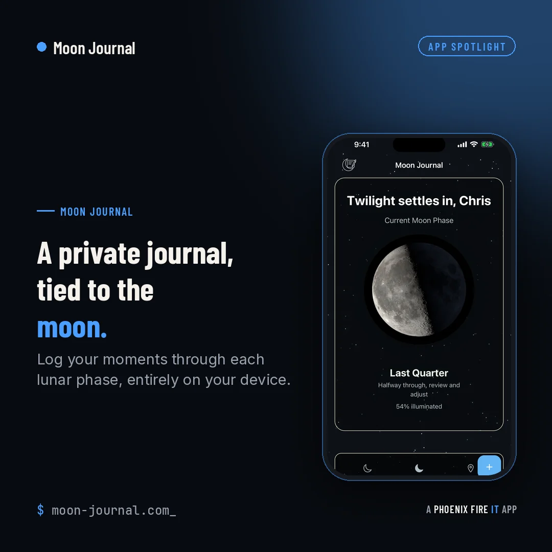 Moon Journal app spotlight showing the private lunar journal dashboard